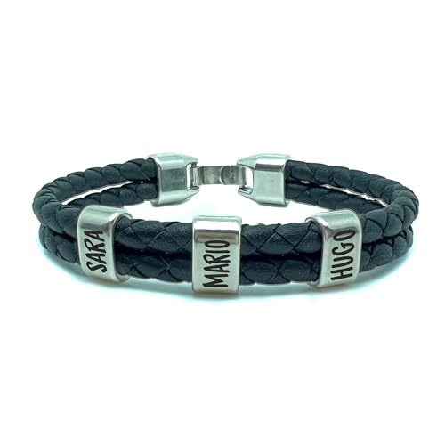 Rincón del Artesano Málaga. Pulsera con Nombres Personalizada en Zamak Baño Plata y Cuero Español. Regalo Dia del Padre. Regalo Personalizado. Talla personalizable. (Trenzado Doble Negro)