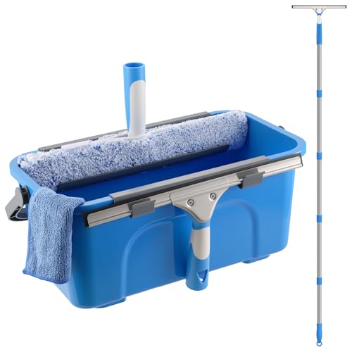 Mitclear Kit de Nettoyage de Vitres, 8 Pièces, Inclure Seau 12L, Raclette Silicone, Brosse Microfibre, 196cm Télescopique Manche, Chiffon, Lave Vitre...