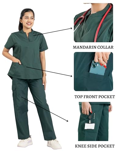 Image of Flexi Women Medical Scrub Set | 5 Pockets | Cotton Lycra Doctor Scrubs | Y-Neck Top | Straight Pants | Hospital Uniform for Doctors & Nurses