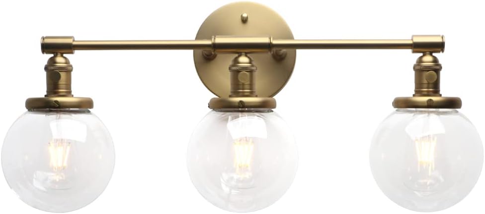 Phansthy Three Light Indoor Wall Fixture Bathroom Vanity Lighting with 5.6 Inches Globe Clear Glass Lamp Shade, Antique