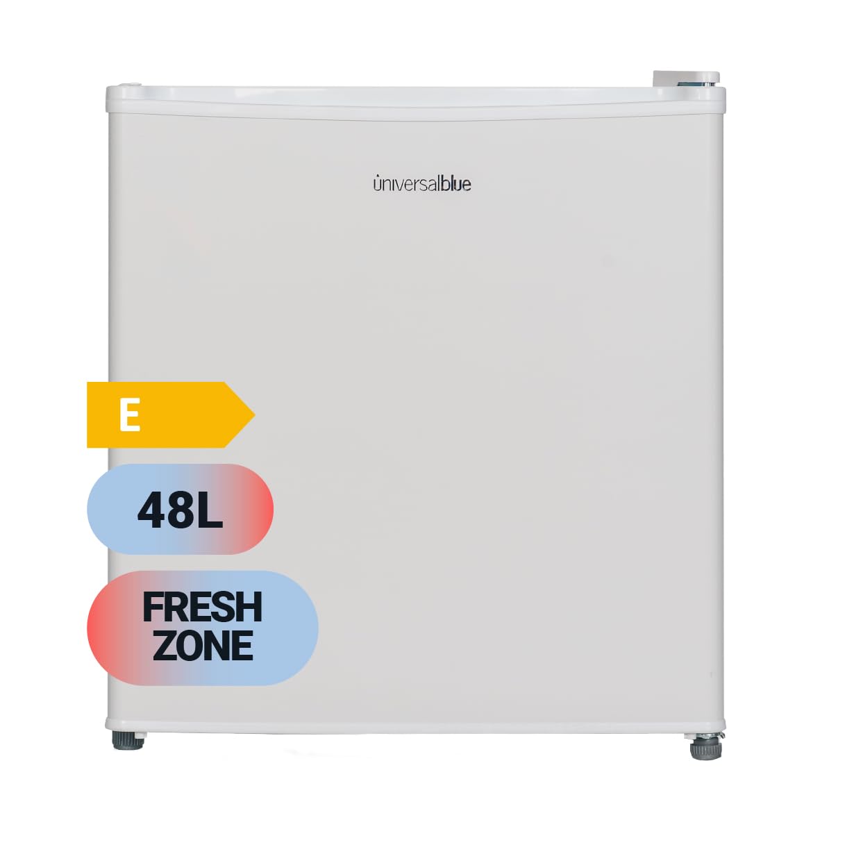 UNIVERSALBLUE | Minibar Blanco 48L | Incluye Zona Fría 0 a -3ºC | Sistema Silencioso | Control Mecánico | Bajo Consumo | Puerta Reversible | 1 estante y 2 cestas