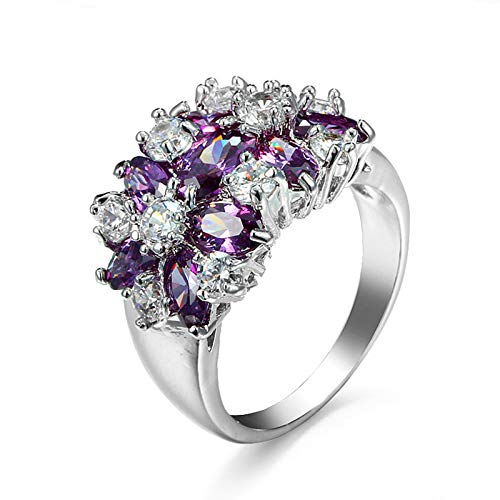 EoCot Women Ring Jewelry, 925 Silver Plated Flower Luxury Ring Cushion Cut Purple Luxury Stones Cubic Zirconia Woman Ring Size 10