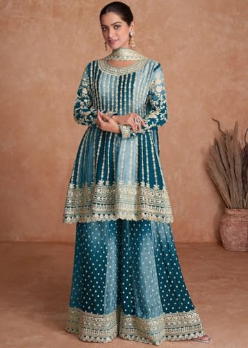Image of Miss Ethnik Dual Tone Strip Chinon Heavy Embroidered Stitched Sharara Suit Set With Dupatta (ME-1129)