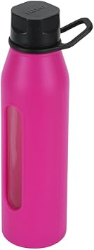 Takeya 22 Ounce Classic Glass Water Bottle with Silicone Sleeve and Twist Cap, Fuchsia