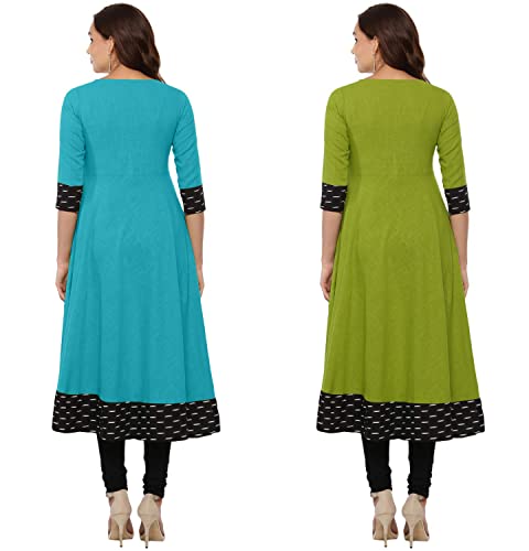 Image of NATEK Plain Cotton with Lace Anarkali Tops Kurtis for Ladies Girls - Combo Pack of 2 SkyBlue, Mehandi Color X-Large Size