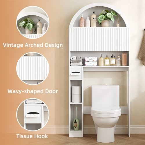 Image of 31 inch W Arched Over The Toilet Storage Cabinet, Fluted Doors, White | Over Toilet Bathroom Organizer with Doors, Bathroom Storage Cabinet with Toilet Paper Holder and Anti-Tipping Device