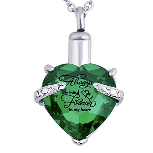 PREKIAR Heart Cremation Urn Necklace for Ashes Urn Jewelry Memorial Pendant with Fill Kit and Gift Box - Always on My Mind Forever in My Heart (Green)