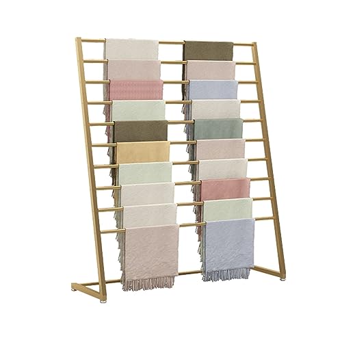 SWENEEN Metal Hijab Hangers-Scarf Display Stand-Floor Standing Suit Pants Rack-Sheets Hanging Organizer Shelf,Floor Standing Scarves Silk Scarf Rack,Retail Display Stands,Gold-80X40X145CM