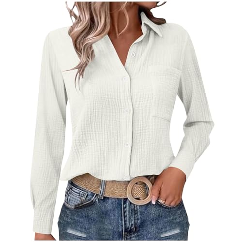 Gauze Blouses for Women Button Down Dress Shirts Fall Cozy Long Sleeve Textured Collared Fall Work Camping Clothes White