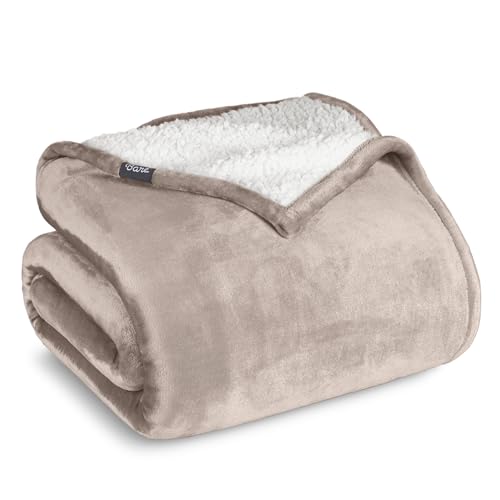 Bare Home Sherpa Fleece Blanket - Throw/Travel Size - Blanket for Bed, Sofa, and Couch - Warm & Lightweight - Fluffy & Soft - Reversible (Throw/Travel, Light Taupe)