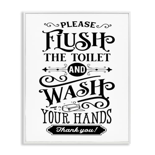 Stupell Industries Flush & Wash Hands Vintage Style Text Typography, Design by Lettered and Lined, White Framed, 24 x 30
