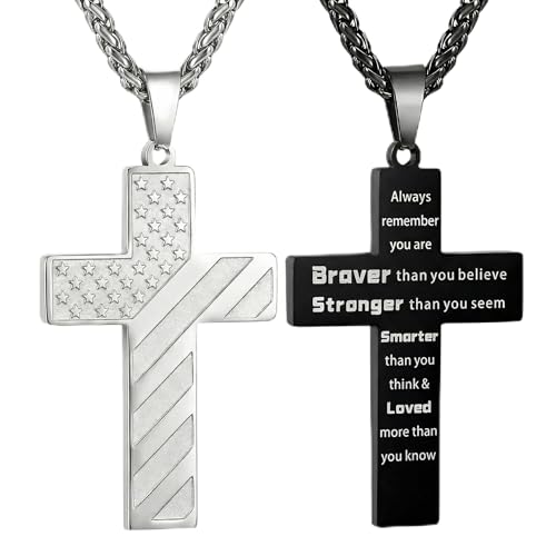 RINHOO 2cps American Flag Cross Necklace for Men Inspirational Bible Verse Cross Pendant Stainless Steel Religious Christian Necklace (Silver+Black-Always remerber)
