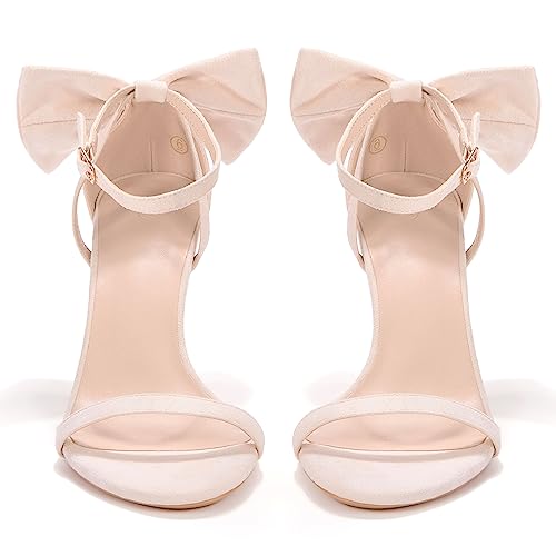 Coutgo Womens Ankle Strap High Heels Open Toe Stiletto Bow Tie Knot Heeled Sandals Fashion Wedding Dress Pump Shoes Beige 7 #TOP4