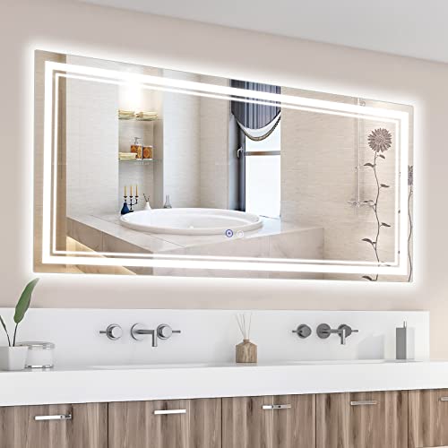 SaniteModar LED Bathroom Mirror, 60 x 28 inch Led Mirror, Dimmable 3 Color, Anti Fog Bathroom Lights Vanity Mirror with High Lumen, Anti Fog Wall Mounted Makeup with Touch Horizontal/Vertical