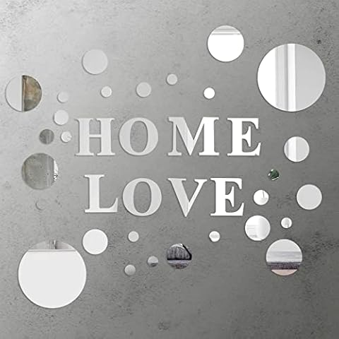 milaosk 34 Pcs Mirror Wall Stickers, Acrylic 3D Mirror Wall DIY Mirror Effect Wall Decals Mirror Tiles Self Adhesive Decoration Mirror "Love Home"Letter Removable Wall Decals for Bedrooms Cover