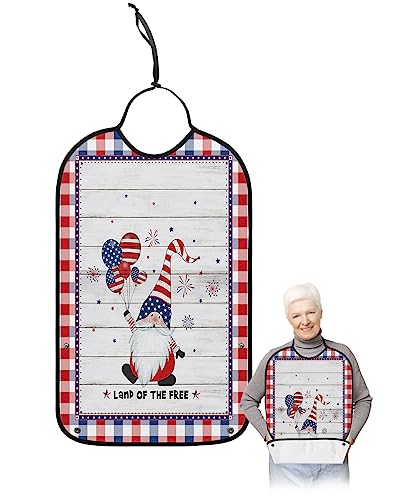 4th of July Adult Bibs for Eating, Waterproof Bibs with Food Catcher & Adjustable Snap Closure, Independence Day Blue Red Plaid Wood Washable Clothing Protectors Adult Bibs for Elderly Women/Men