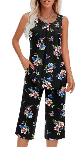 Image of Findsweet Women Pajamas Sets Loungewear Soft Sleepwear Two Piece Summer Sleeveless Pjs Tank Top Pants with Pocket S-4XL
