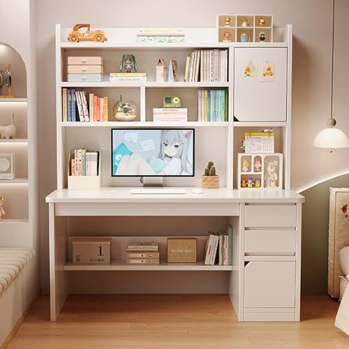 HOFMSX ライティングデスク(ハッチ付き)、シンプルスタイル ワークスタディテーブル、ホームオフィステーブル ファイリングキャビネット、外部棚付き(ホワイト、長さ48インチ / 120cm)