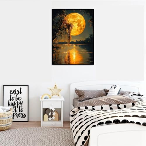 Image of Clendo DIY Moon Paint by Numbers Kit for Adults, Landscape Adult Paint by Number Kits on Canvas Without Frame, Lake View Oil Paint by Numbers for Home Decor Gift 16 inch W x 20 inchL