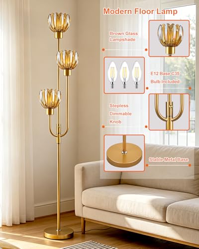 Image of 3-Lights Modern Glass Floor Lamp Gold Dimmable Floor Lamps with 3000K Warm White Bulbs for Wedding Party 66IN Tall Standing Lamp with Amber Glass Shade for Living Room /Bedroom /Girls Room