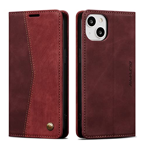 QLTYPRI Wallet Case for iPhone 13 [6.1 Inch], Vintage Folio PU Leather Case with Card Slots Magnetic Closure Kickstand Flip Shockproof Phone Cover for iPhone 13 - Wine Red