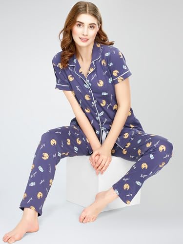 Image of ZEYO Night Suit for Women's Cookies & Cup Printed Cotton Night Dress of Shirt and Pajama Set 5752