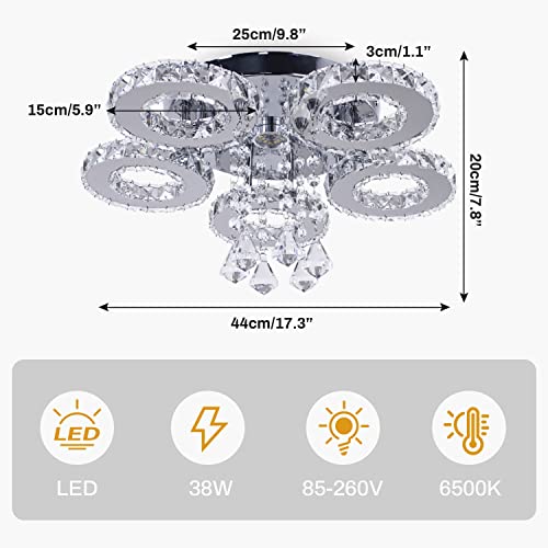 TongLan Led Crystal Ceiling Light 5 Rings Modern Crystal Chandelier Flush Mount Light Fixture for Hallway Foyer Living Room Bedroom Dining Room Closet (Cool White) - Image 3