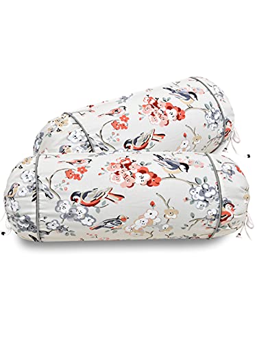 Image of Clasiko Cotton Bolster Covers; Set of 2; 220 TC; Bird Print On Beige Base; 30x15 Inches