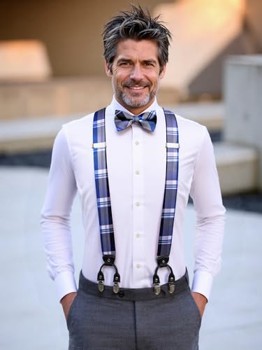 Image of Hi-Tie Checked White Grey Blue Suspender Bowtie for Men Adjustable Y-Shape 6 Clips Trouser Braces Pre-Tied Bow Tie with Handkerchief Cufflinks