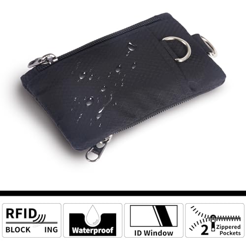 Image of TATAANTY RFID Blocking Wallet, Minimalist Wallet for Men, Small Wallet for Women with Lanyard Keychain, ID Holder Zipper for Cards, Coins, Travel, Water-resistant, Black, Casual