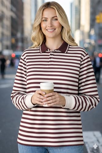 Image of Mack Jonney Women's Striped Polo T-Shirt | Full Sleeves | Collared Casual Cotton Tee | Regular Fit Top-M7372