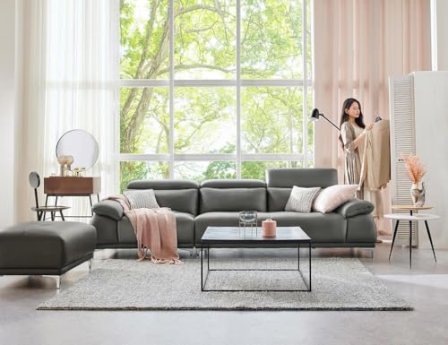 Image of Fabrique Anemoia Leatherette 4 Seater with Puffy Moden Design Dark Grey Sofa Set with Moveable Headrest | Comfortable Furniture for Home Office & Living Room | Easy to Move with Stainless Steel Legs