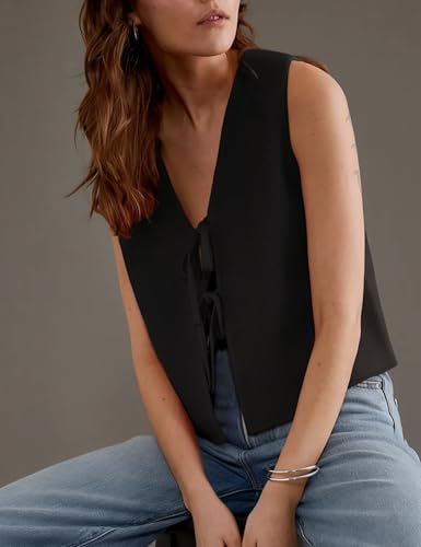 Women's Tie Knit Vest Crochet Sleeveless Open Front Cardigan Sweater Vest Top3