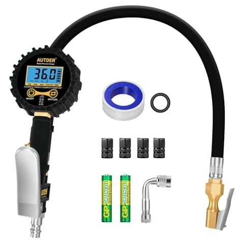 AUTDER Digital Tire Pressure Gauge, 250 PSI 3-in-1 Inflator with LCD Display, Quick Connect Coupler, Heavy-Duty Rubber Hose for Cars, Trucks, Motorcycles, Bicycles, and Sports Balls, Yellow Cover