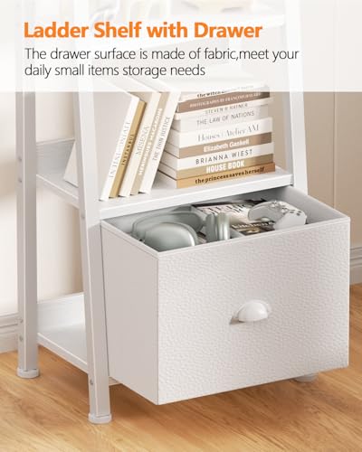 Image of Furologee 6 Tier Ladder Shelf,Ladder Bookshelf with Drawer,Modern Tall Bookcase,Storage Rack Organizer,Wood Metal Freestanding Shelves for Living Room, Home Office, Bedroom, White