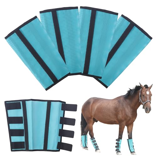 TARFEPA Adjustable Horse Fly Boots Set of 4, Breathable Mesh Fly Boots for Horses, Equine Leg Protection Reduce Stomping, Horse Leggings Leg Guards - (Pale Blue/Large)