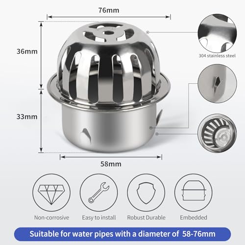 EFUTURETIME 2 Stück Laubfanggitter Edelstahl 58mm, Dachrinnen Laubschutz, Fallrohrgitter, Fallrohrschutz Dachrinnenschutz für Dachrohre, Abflüsse und Fallrohre