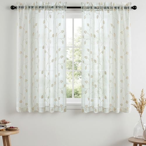 VISIONTEX Beige Sheer Curtains Decorative Embroidered Leaf 54 Inches Long