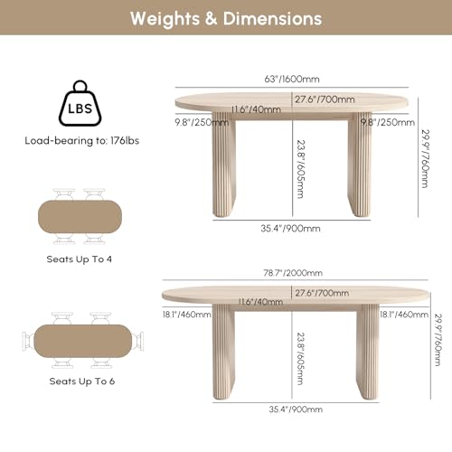 Image of homary Oval Extendable Dining Table 63 inch-79 inch, Japandi Wooden Kitchen & Dining Room Table for 4-6 with Pedestal Base (Table Only)
