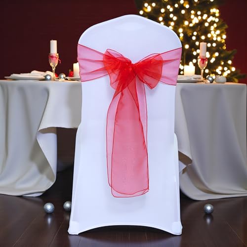 MDS Pack of 100 PCS Organza Chair Sashes Wider Dining Chair Bows Ribbon Tie Back for Wedding Party Birthday Bridal Shower Reception Event Banquet Home Chair Cover Decoration - Red
