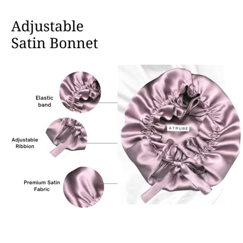 Atrube Silk Satin Hair Bonnet Reversible Sleep Cap Adjustable tie Band Head wrap for Sleeping Wrap Silk Bonnet Hair with Hair Scalp Massager Shampoo Brush and scrunchies (Rose... - Image 3