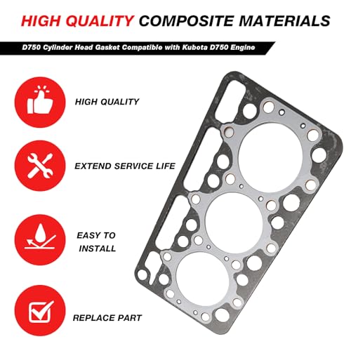 Image of D750 D750-B Cylinder Head Gasket Replacement for Kubota B5200D B5200E B7100 B7100HST-DT B7100HST-E B7100HST-II-DT Tractor Replaces 1597503310