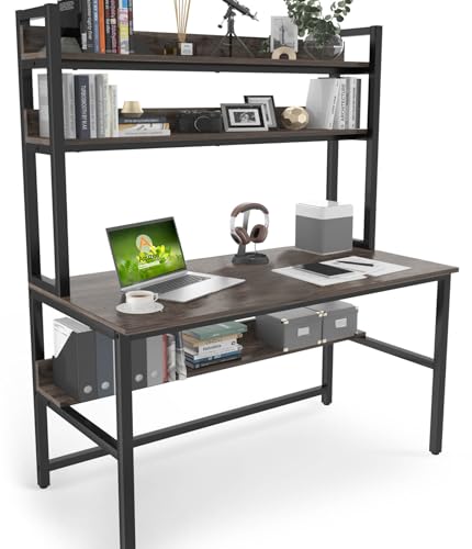 Aquzee Desk with Hutch Bookshelves, Computer Desk with 3 Tiers Storage Shelves, Space Saving Design Black Metal Legs Desk with Grey Board, Easy Assemble