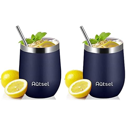 Autsel Wine Tumblers Insulated Coffee Cup with Lid and Straw 12oz Coffee Tumbler Wine Tumbler Gift Set of 2 Stainless Steel Double Wall Insulated Cups for Coffee Wine Cocktails Cover