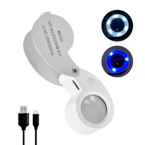 Pocket Jewelry Loupe Magnifier Rechargeable with 6 LED and 3UV Lights, Small Metal Magnifying Glass 25mm Optical Lens Foldable Lighted Jeweler's Loupe for Antique Coin Gemstone,Jewelry Stamp, Watch