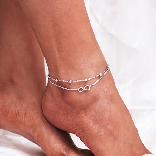 Image of CHIC & ARTSY 925 Sterling Silver Ankle Bracelets for Women, Adjustable Layered Foot Chains with Nature & Symbol Charms, Lightweight Comfort Fit Boho Beach Everyday Jewelry