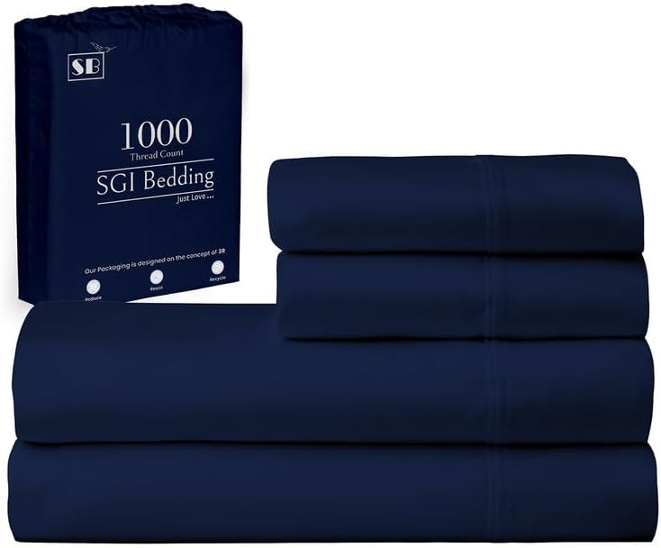 SGI - Juego de sábanas de algodón de 1000 hilos, calidad premium, 4 piezas, 1 sábana bajera, 1 sábana encimera y 2 fundas de almohada, bolsillo