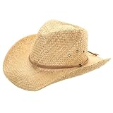 Unisex Straw Cowboy Hat, Natural, One Size (60cm), Real Straw, Shapeable Brim, Summer, Western-Style, Elasticated Band