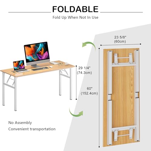 Image of Need Folding Computer Desk, Large 60 inches Folding Table for Home Office, No Install Needed Foldable Writing Table Desk, Teak and White