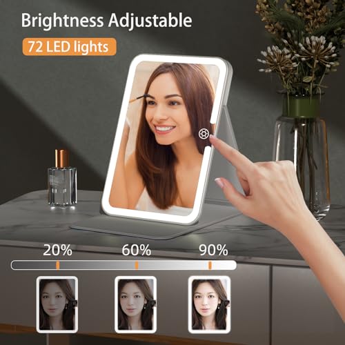 Image of Rechargeable Travel Lighted Makeup Mirror with PU Leather Cover, Portable Travel Makeup Mirror with lights, 3 Color Lighting,Touch Sensor Dimmable, Light Up Tabletop Cosmetic Mirror Folding Flower